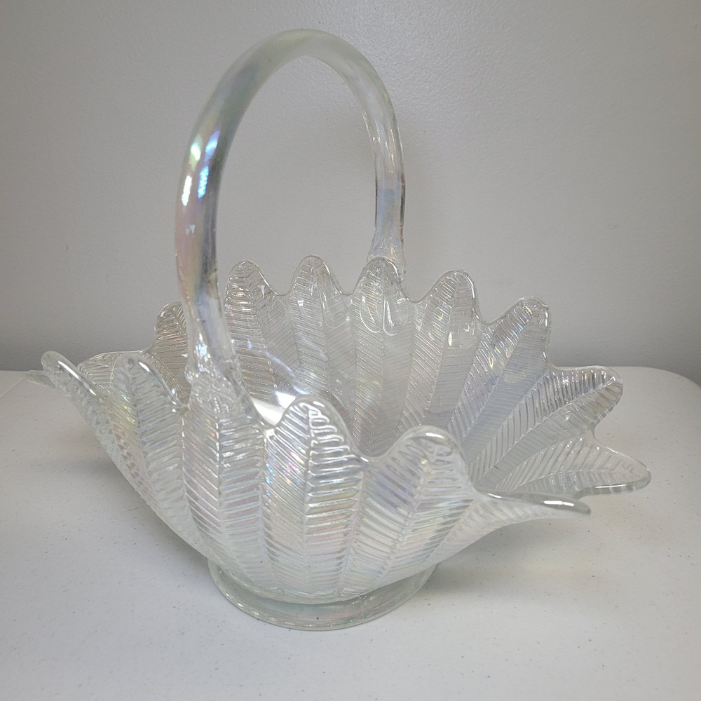 Vintage Imperial Glass White Carnival Glass Leaf Pattern Basket with Handle